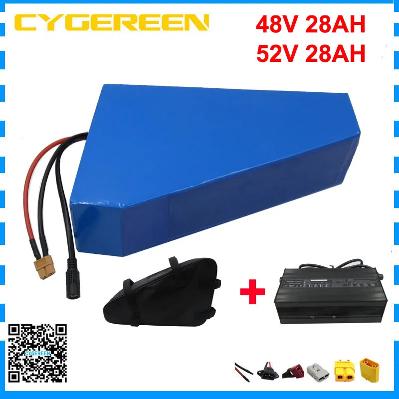 

48V 28AH Triangle Battery Pack 2000W 13S 48 V Lithium ion Ebike Batterie Akku 52V 28AH 14S 3500mah 18650 cell 50A BMS 5A Charger