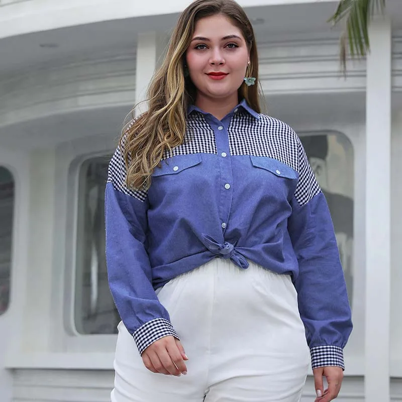 Блузка WHZHM женская джинсовая в клетку свободная винтажная голубая рубашка с