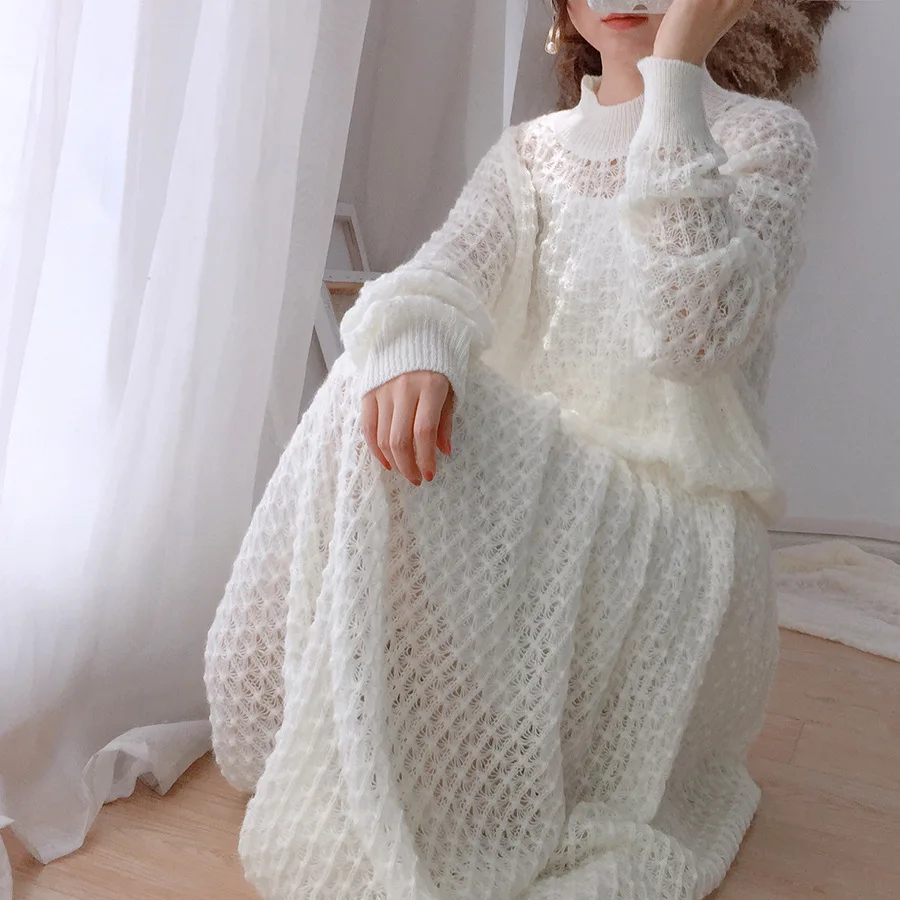 Новый свитер костюм с юбкой белого Kawaii свободный ажурный вязаный комплект из