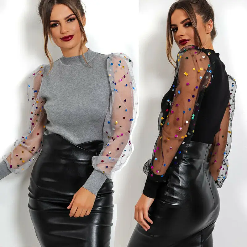 Womens Ladies Puff Mesh Sleeve Tops Pullover Sweater Loose Jumper Blouse | Женская одежда