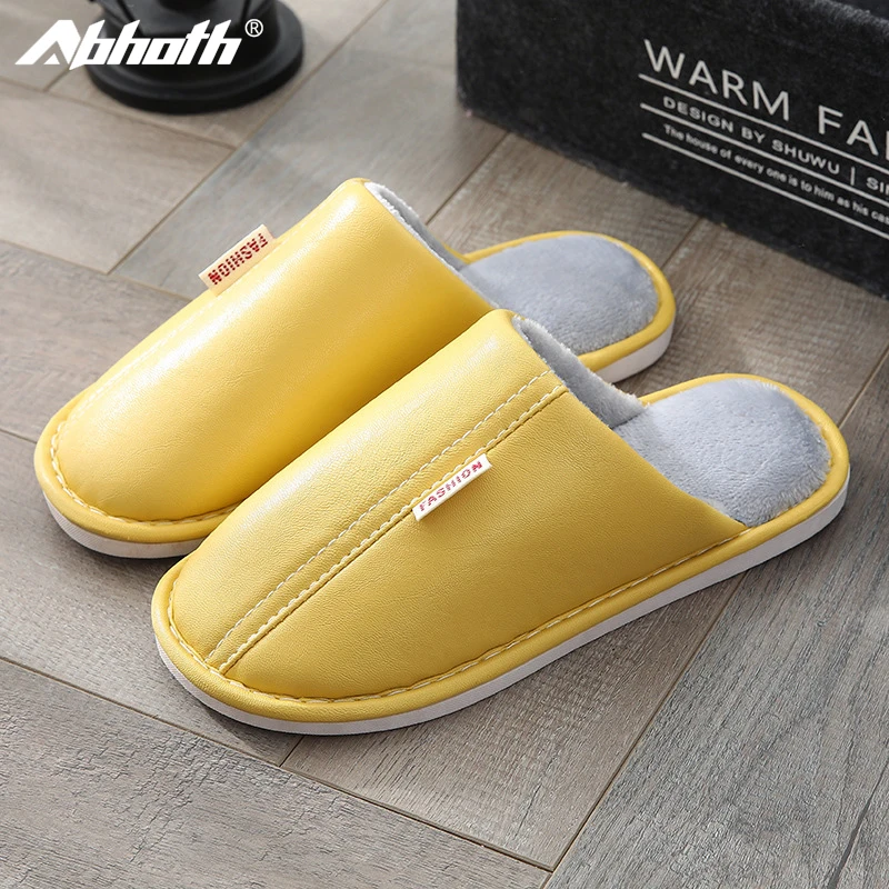 

Abhoth Autumn Winter Men Leather Cotton Slippers Women Waterproof Non-slip Shoes Home Warm Flat Soft Indoor Chaussure Homme 45