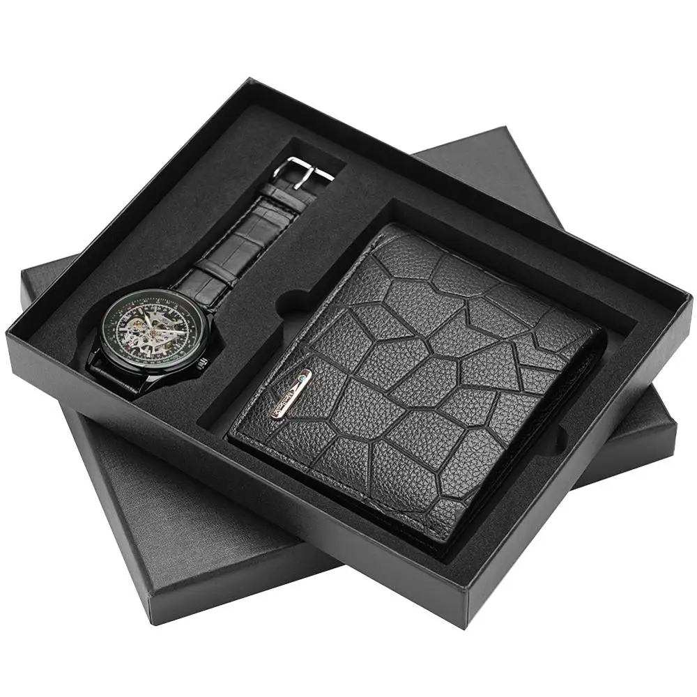 

2pcs/set Men's Gift Set Beautifully Packed Leather wallet+hollow mechanical watch Combination Waterproof Wristwatch