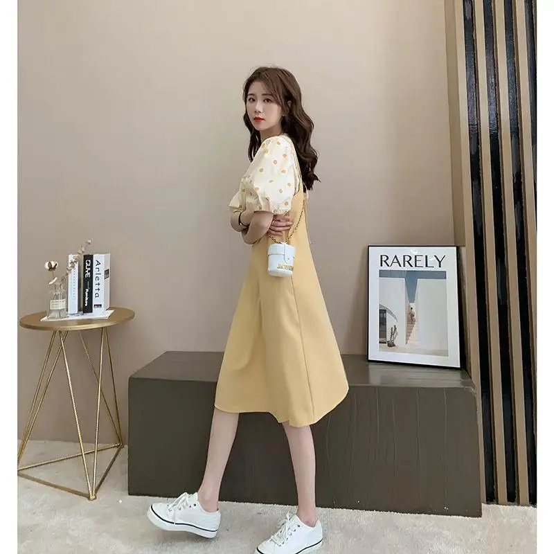 

Women 2021 Summer Two Piece Set Female Round Neck Blouse Puff Sleeve Top Short Sleeve Shirt Suspender Dress 2 Piece Outfits C872