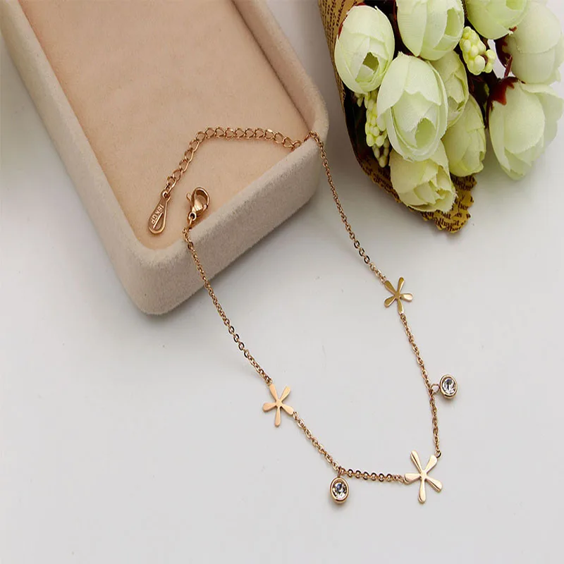

Double crystal tray three lovely flower-shaped anklets Titanium steel color gold women's jewelry Anklet