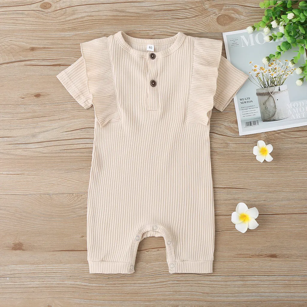 

Baby Girl 0-18M Romper Solid Color Round Neck Short Sleeve Jumpsuit Baby Ribbed Knitted Button Ruffles Long Rompers for Kids