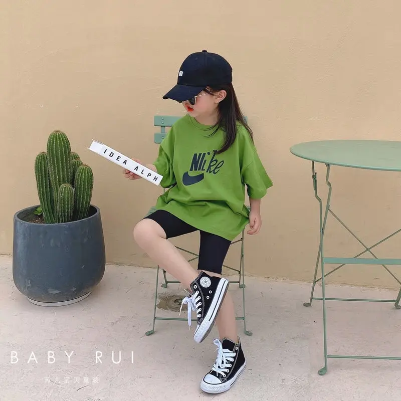 

2021 niñas vestido largo de verano de manga corta 100% algodón estilo extranjero camisetas de manga corta coreanas camisetas de