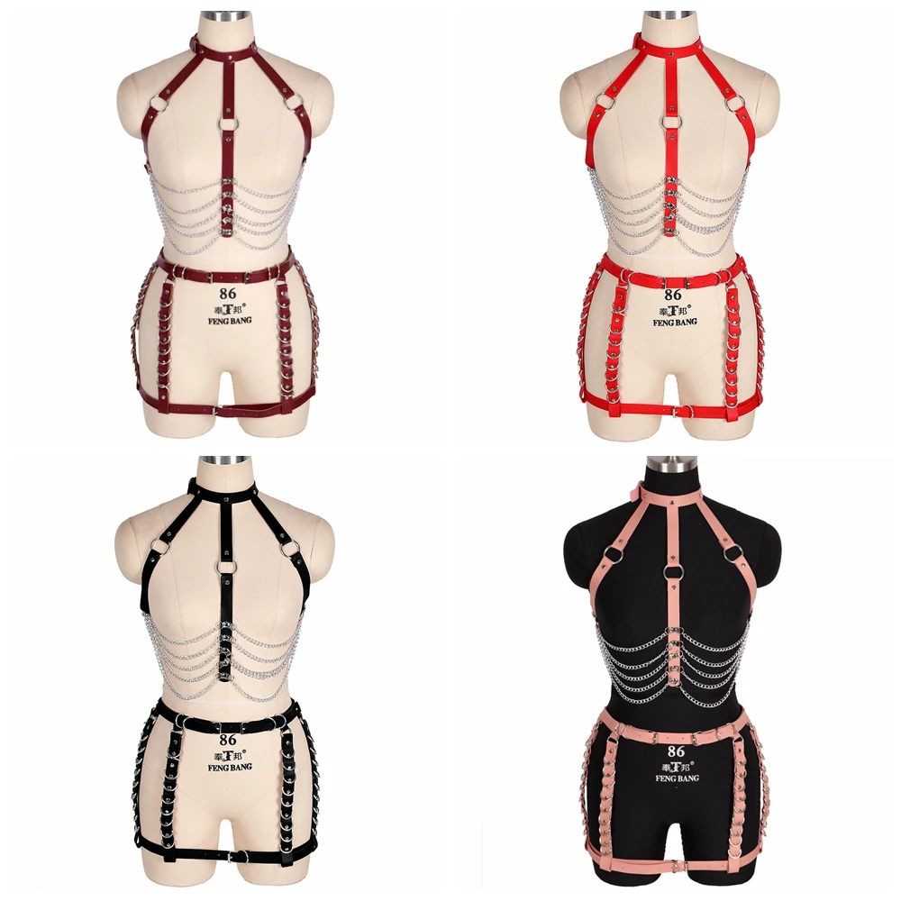 

PU Leather Harajuku Bondage Dance Rave Wear Sexy Plus Size Harness Fashion Bra Caged Bralette Garter Belt Body Belt Lingerie Set