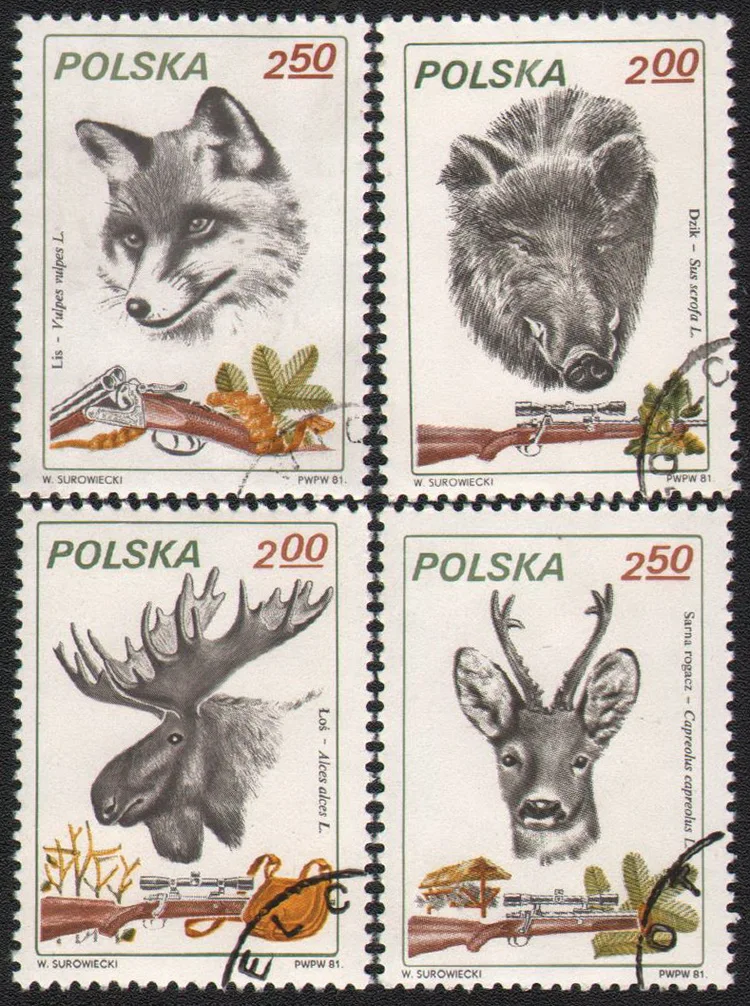 4 шт./компл. почтовые марки Польши 1981 олень Дикая свинья лиса использованные для