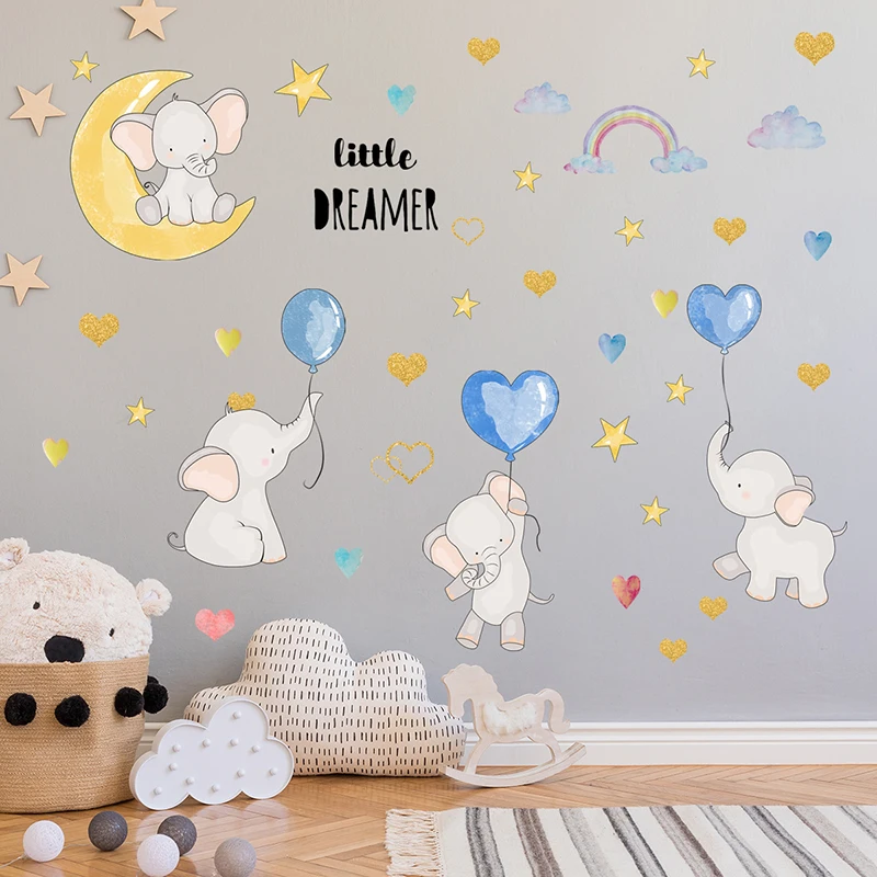 

Baby Elephant Nursery Décor Wall Decor with Animal Rainbow Heart-Shape Balloons Wall Stickers Bedroom Décor for Girls Boys