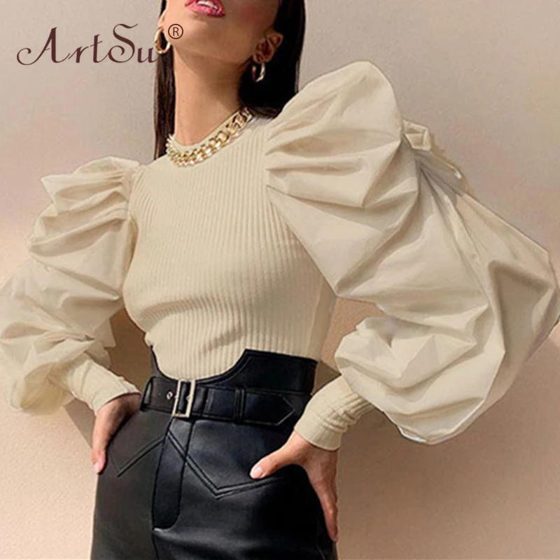 

Топ женский вязаный в рубчик, с длинными рукавами-фонариками, осень 2020