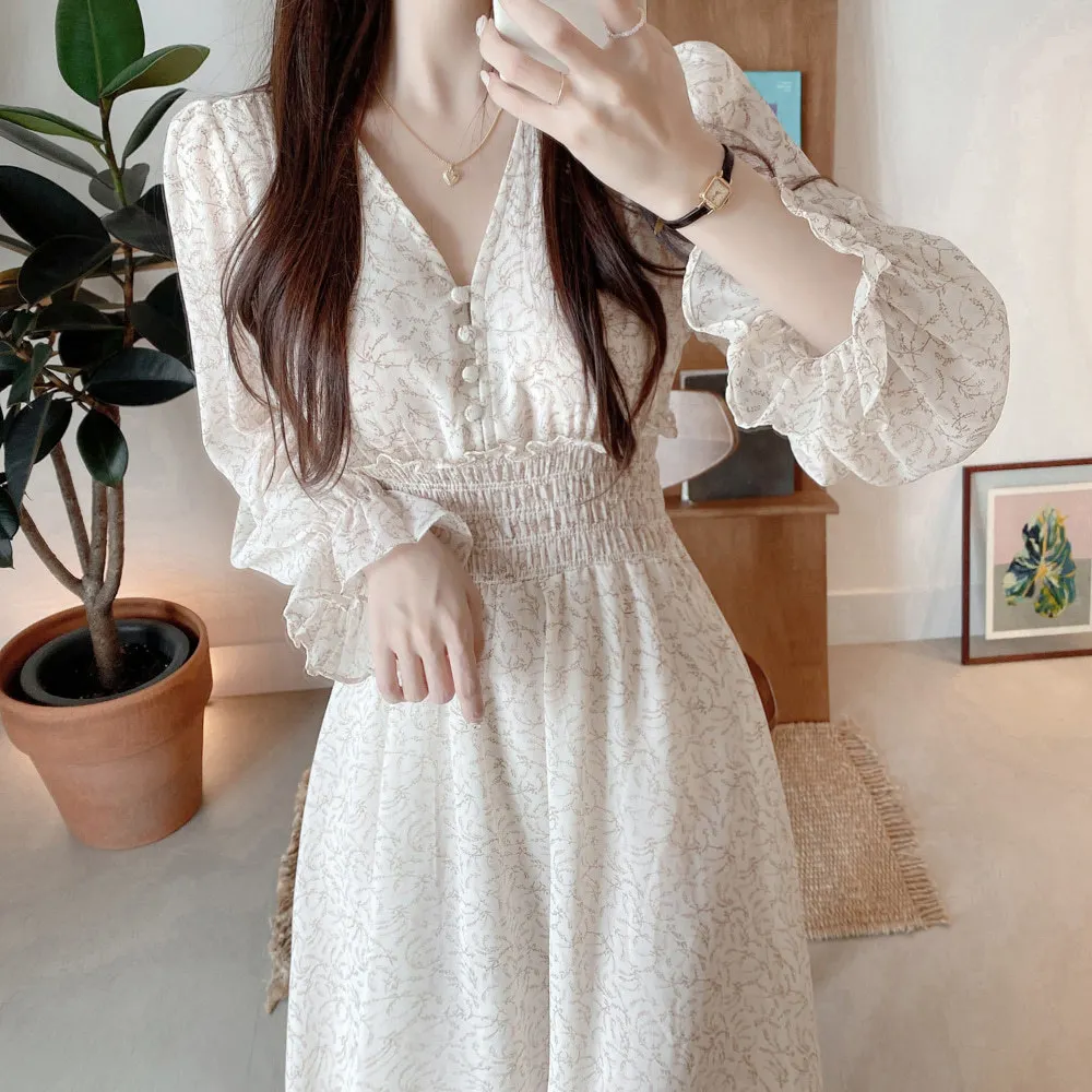 

New Waist V-Neck Floral Summer Dress Women Plus Size Temperament Women's Dresses Chiffon Long-Sleeved Elegant Party Dress Robe