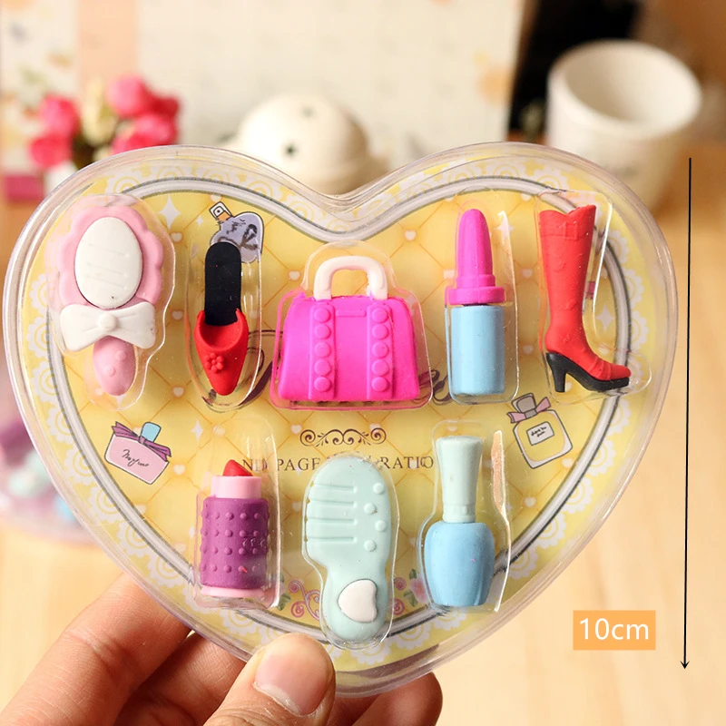 

8pcs Funny Eraser Lipstick Handbag Shoes Cosmetic Case Rubber Erasers for Pencil Fashion Girl Kids Gift School Supplies H6389