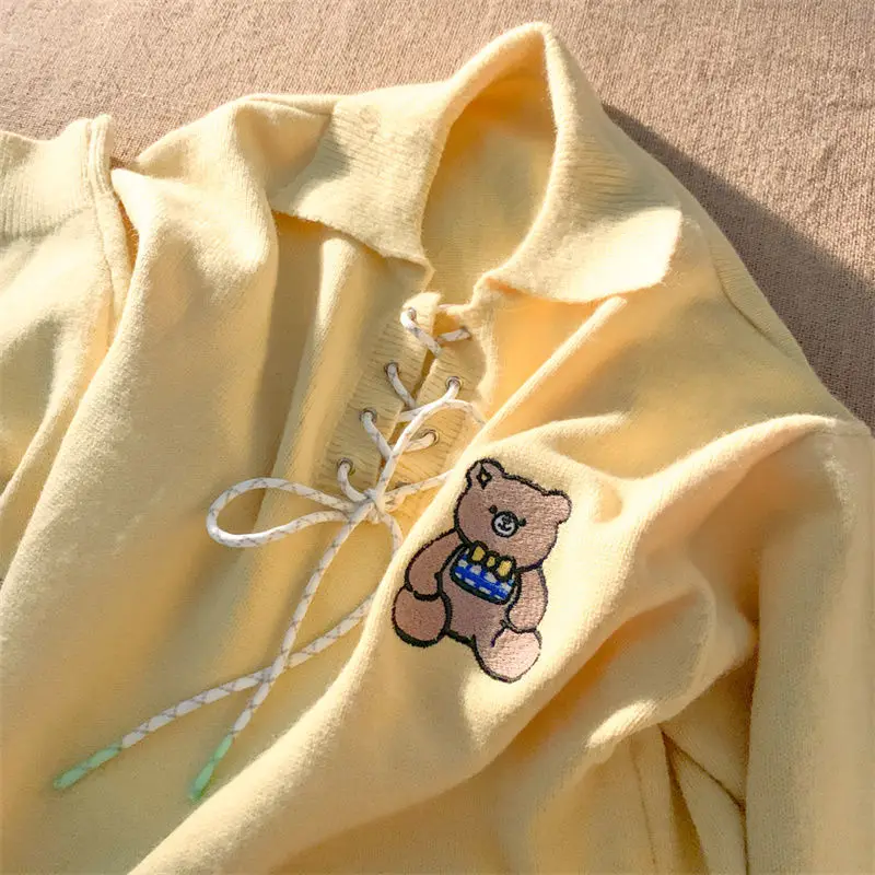 

Женские пуловеры, зимние вязаные джемперы с милым медведем, вязаный свитер-поло в стиле Харадзюку, свободные пуловеры оверсайз для подростк...