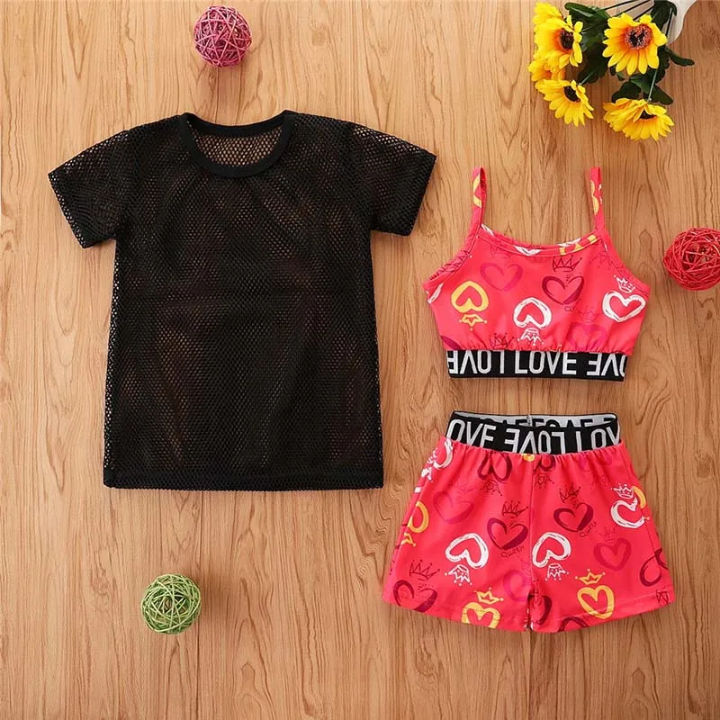 

Toddler Baby Girl Clothes Summer Solid Color Sling Vest Tops Net T-Shirt Short Pants 3Pcs Outfits Children Clothing Movement Set