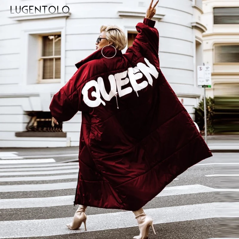 

Women Long Coats Winter Plus Size Llose Fashion Letter Printing Wide-waisted Thick Zipper Jackets Lugentolo