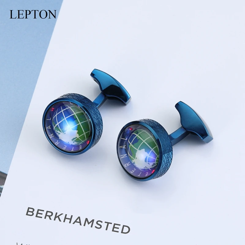Lepton Globe Earth Cufflinks Blue Colors Stainless steel Rotatable globe planet earth World Map Cuff links Wedding For Mens