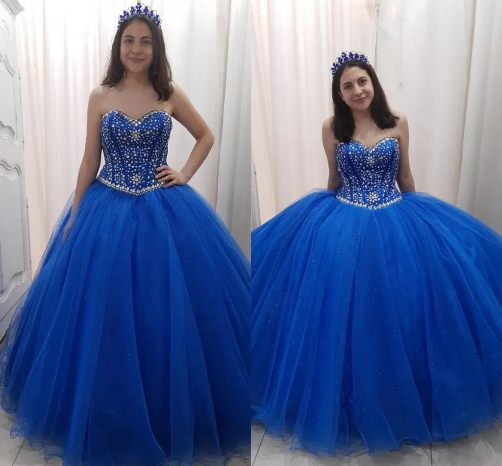 

2021 Classic Blue Sweet 16 Dresses Strapless Rhnestones Beaded Corset Back Quinceanera Dress For Women Plus Size Formal Gowns