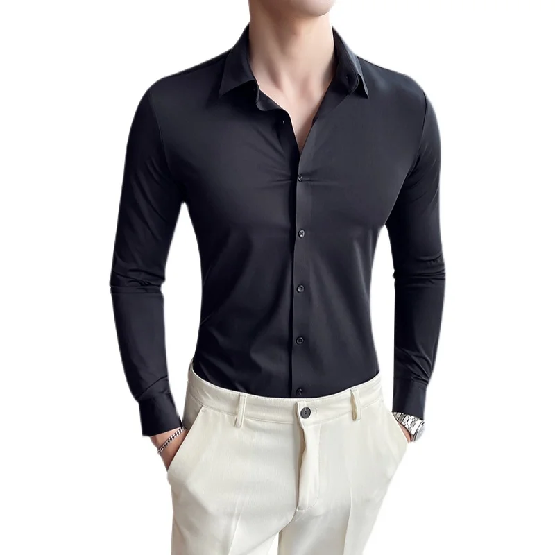 Classic Solid Color Men's Shirts Seamless Casual Business Formal Dress Shirt Autumn Long Sleeve Slim Social Office Male Clothing