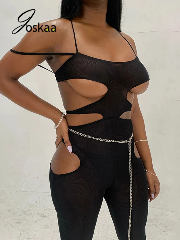 

Joskaa Cut Out Asymmetric Jumpsuit Summer Women One Piece Black Rompers Bandage Strench Overalls Sexy Club Party Outwear 2021