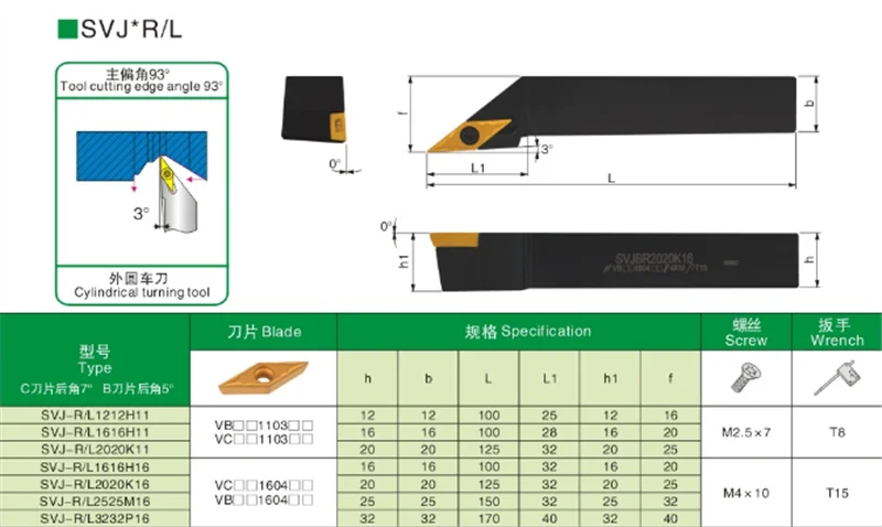 

Lathe Tool Holder of Angle 93 Screw-type SVJCR2020K16 SVJCL2020K16 SVJCR2020K11 SVJCL2020K11 for CNC Lathe Machine Cutting