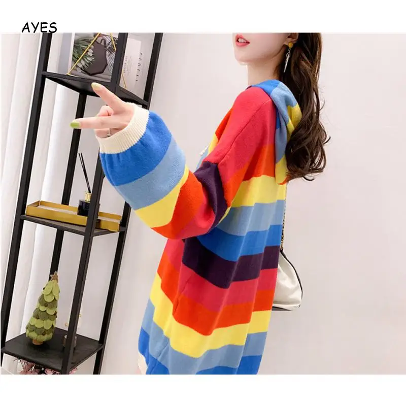 

2019 High Street Striped Sweater Long Sleeve Rainbow Knitted Women Long Pullover Sweater Colorful Jumper Hooded Long Sweaters