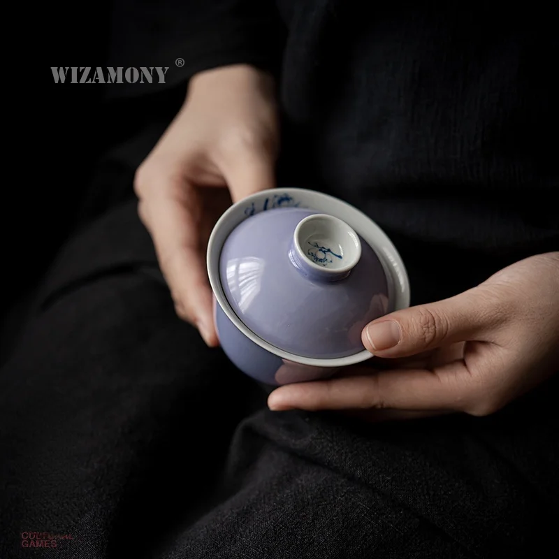 

Hibiscus purple hand-painted cover bowl of raw ore glaze blue-and-white hand-painted plum blossom tea bowl household imitation