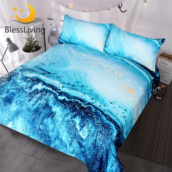 BlessLiving Watercolor Bedding Set Golden and Blue Duvet Cover Set Ocean Waves Bed Cover Abstract Printed Bedclothes King 1