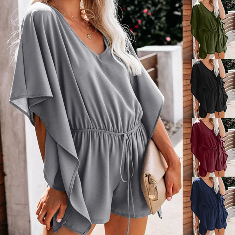 

Pure Color Jumpsuit Women 2021 Summer New Style V-Neck High-Waisted Wide Loose Casual Rompers Female Lace-Up Short Playsuits