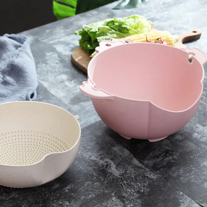 Creative Double Wash Melon Fruit Vegetable Basket 2020 New Kitchen Tool 360 Rotating Wheat Straw Drainer Washing Sieve | Дом и сад