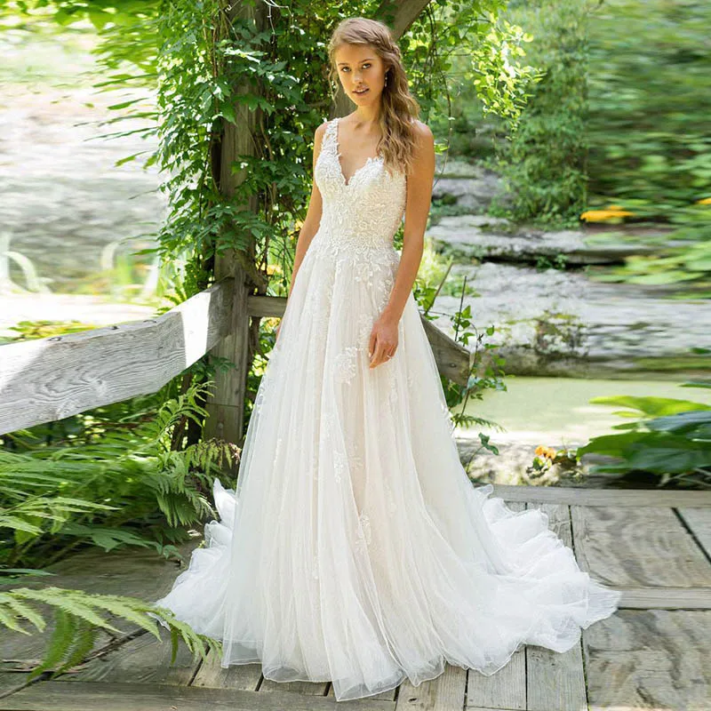 Слоновая кость Eightale Boho Свадебное платье с v-образным вырезом и аппликацией, а-силуэт, кружевное платье невесты,, Романтические свадебные платья, vestidos de novia - Цвет: Слоновая кость