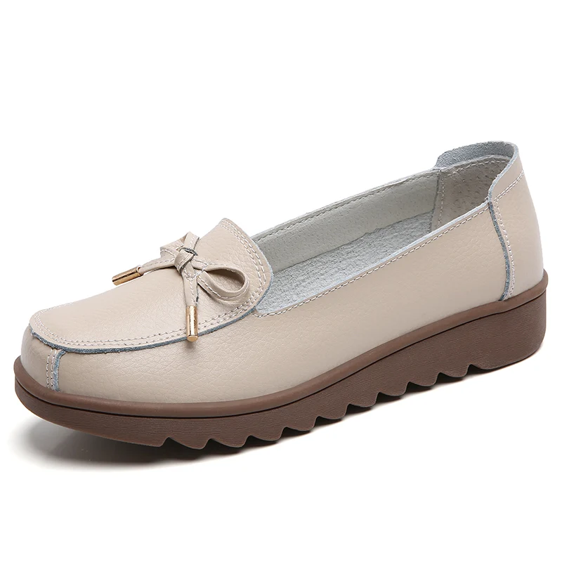 

Women Flats Shoes Cow Leather Loafers Shoes For Females Slip On Mother White Shoes Ladies Butterfly-knotq Creepers Shoes