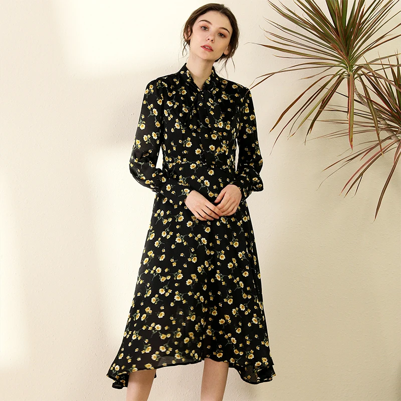 

spring summer dress women dress 2020 Fashion chiffon black floral bow tie high waist long sleeve dress long ladies print dress