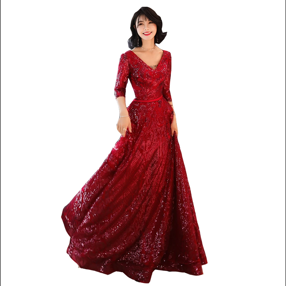 

New arrive Wine red Lace back Sequins V neck Half Sleeves Elegant Evening Dress Floor Length Party Gown Evening Gowns