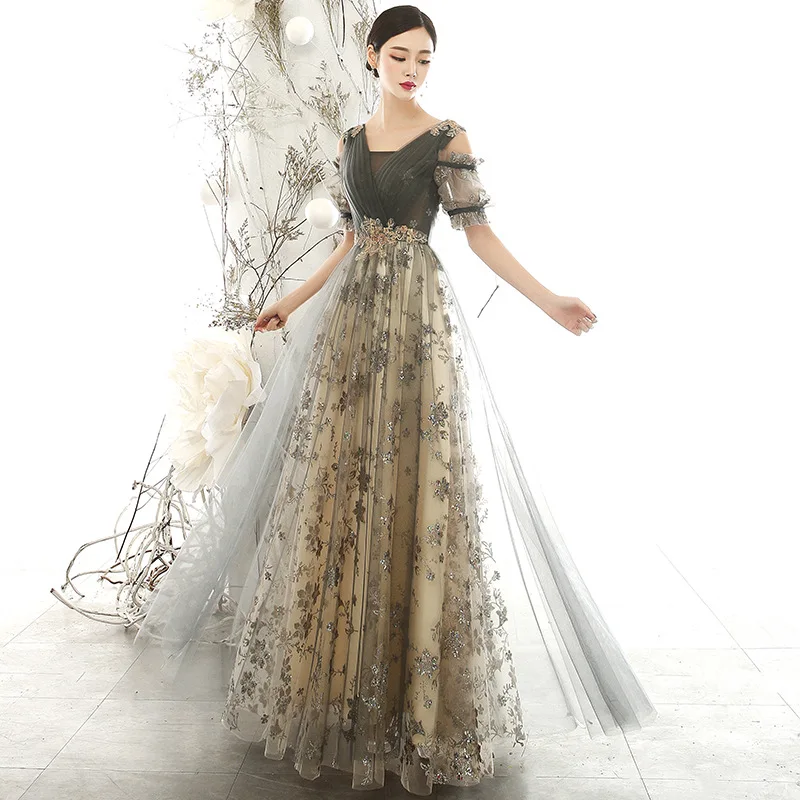 Элегантные длинные платья ES3108 с двойным V образным вырезом и цветочным рисунком