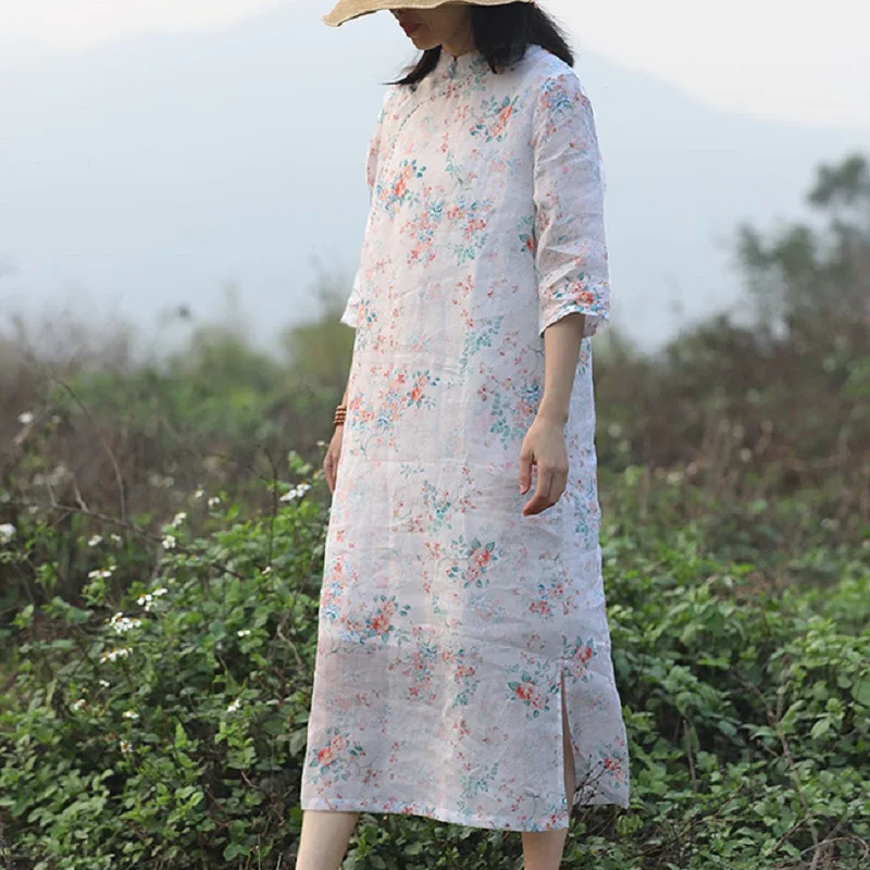 New Summer Women's Sleeveless Dress Pure Ramie Dress with Floral Pattern Women'S Dress 2021
