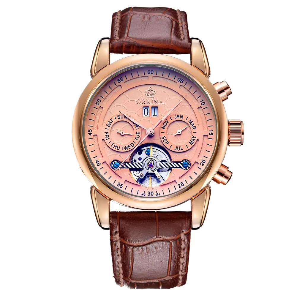 Часы ORKINA Tourbillon Мужские наручные часы с автоподзаводом ремешок из натуральной