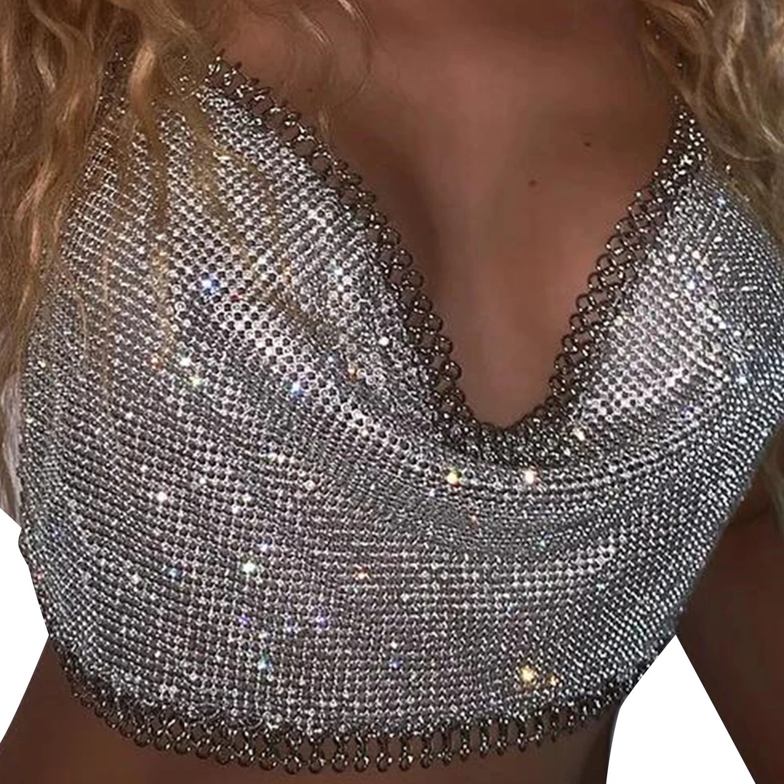 

Женская кофта с открытой спиной, металлический топ на завязках с бретелькой через шею и бриллиантами для ночного клуба, праздника, свидавеч...