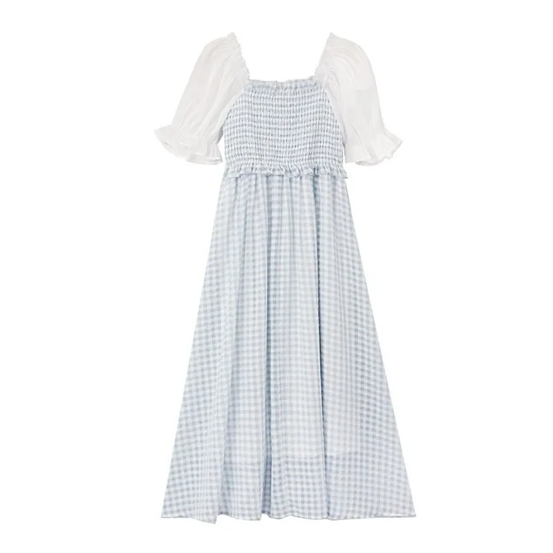 

Vintage Retro Fairy Dress Women Puff Sleeve Chiffon Plaid Summer Dress Patchwork Designer French Style Elegant Korean Girl Dress