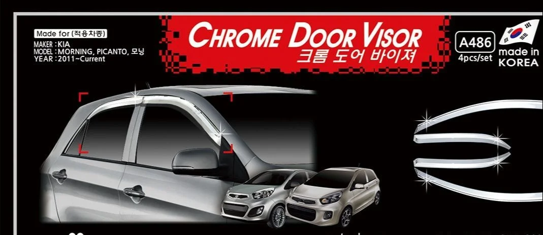 

Chrome Door Visor Side Window Deflector Shade Sun Rain Shield Silver Trips Eaves for Kia Morning