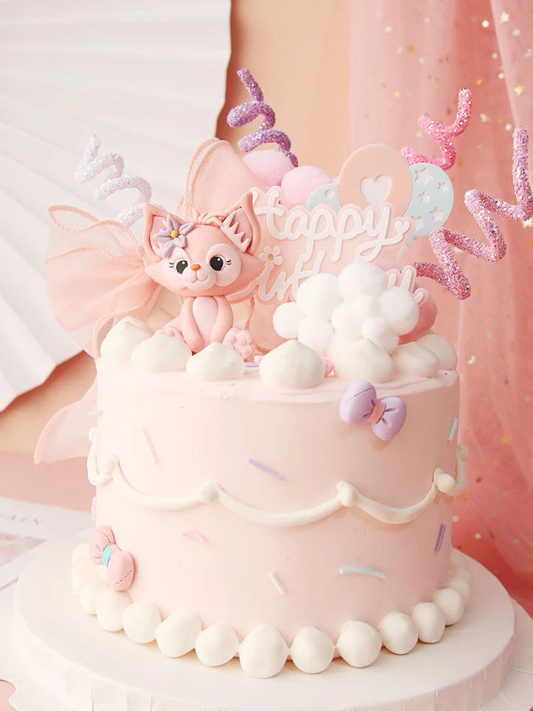 Милая розовая лиса Бант Цветок торт Топпер Девочка День рождения десерт