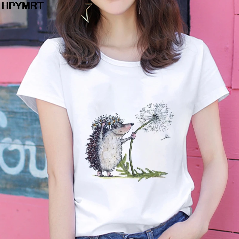 Новая футболка женская Ежик с принтом одуванчика свободная весна лето легкая