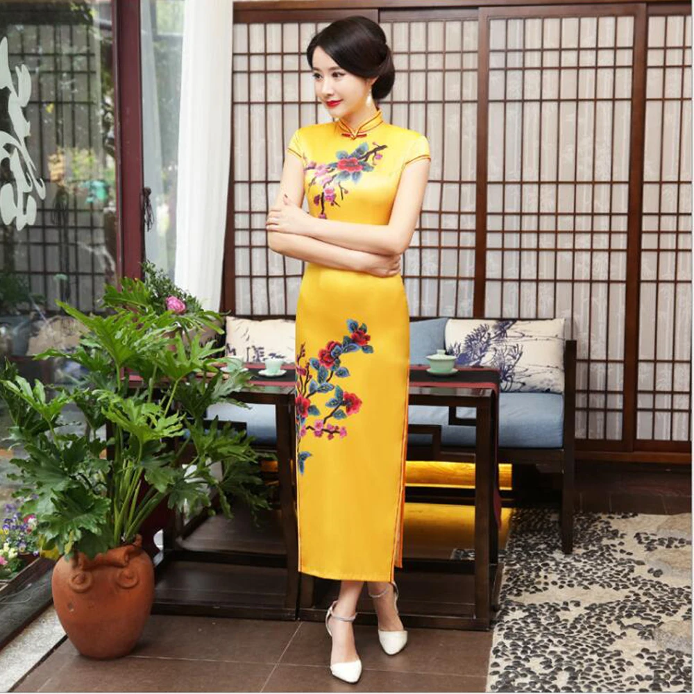 Новый китайский стиль cheongsam улучшенные Повседневные Вечерние ярко желтая