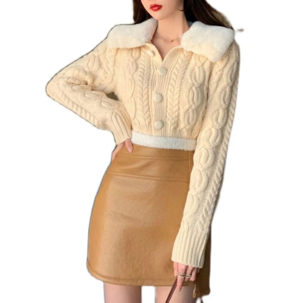 

High Street Korean Fashion Sweater Popular Thin Simple Winter Autumn Hot Sale Retro Lambswool Splicing Long Sleeve Cardigan