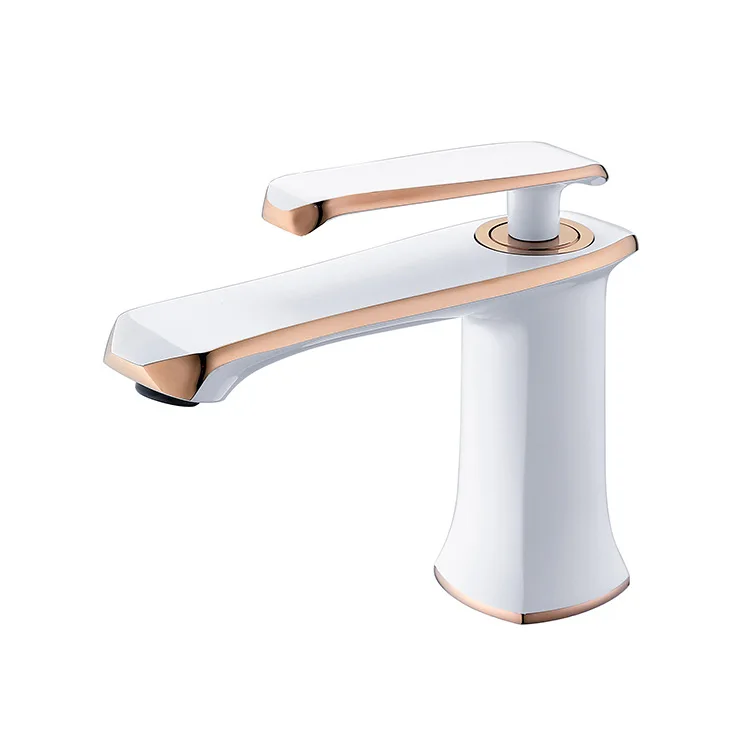 

Deluxe Brass Bathroom sink faucet White Rose gold cold hot water basin mixer faucet Single handle Single hole copper faucet