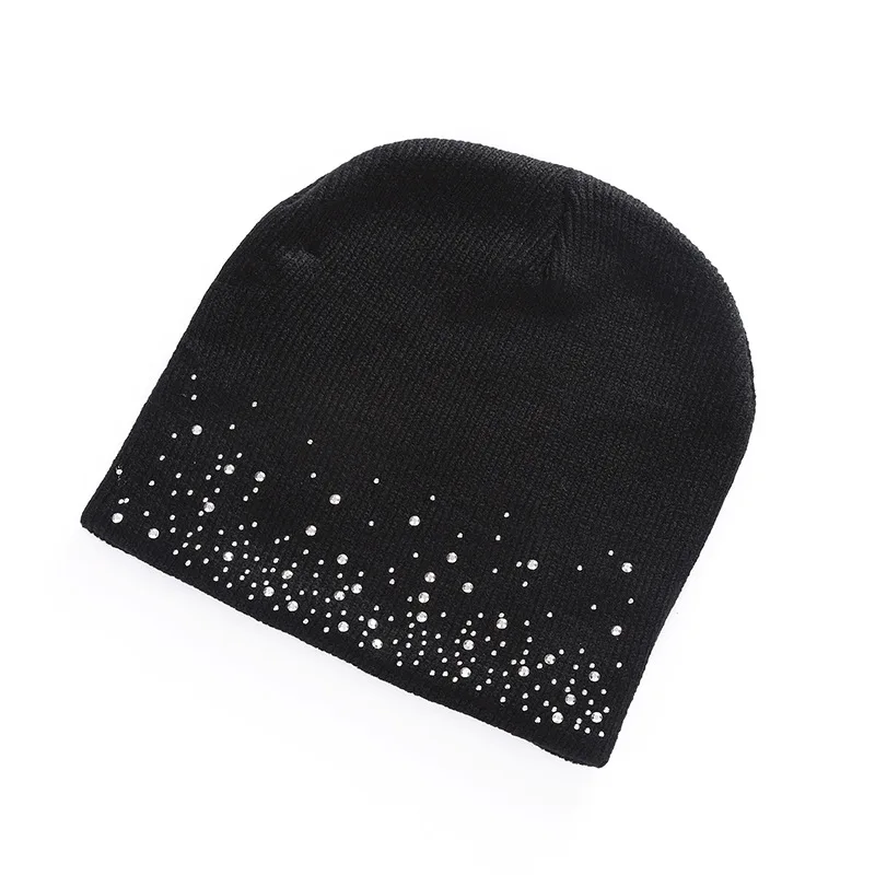 B Winter autumn beanie hats women soft knitting skullies beanies hat female fashion rhinestone cotton hat cap - Цвет: B