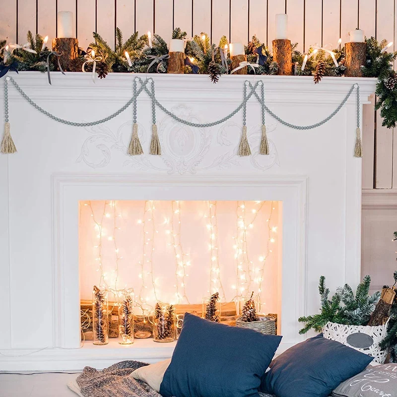 

3 Pcs Wood Bead Garlands with Tassels 3.7 Feet Farmhouse Bead Tassel Hanging Garland for Wedding Home Decor