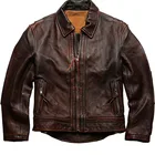 Новинка 2022, стильная кожаная куртка в стиле ретро, коричневая Мужская мотоциклетная куртка, кожаное пальто куртка из бычьей кожи 6XL