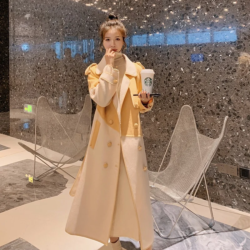 

2020 Autumn Winter New Wool Cashmere Coat Stitching Design With Belt Double-breasted Medium Length Jacket femme veste