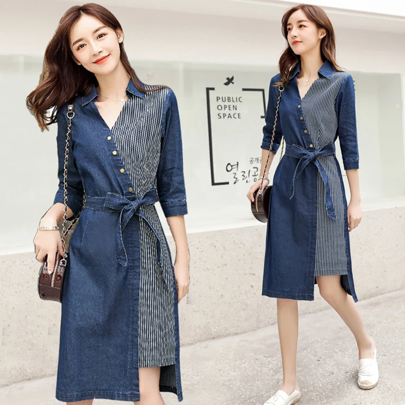 

New Denim Dress Women Summer 2021 Fashion Striped Patchwork V-Neck Short Sleeve Casual Loose Irregular Dress
