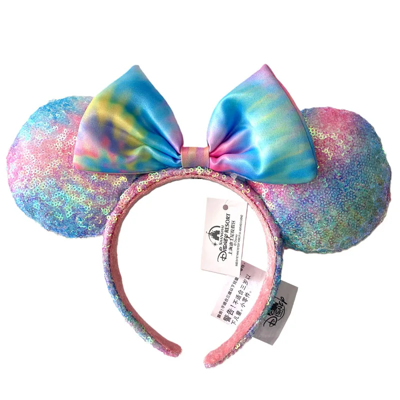 

Disney Mickey Minnie Ear Headband Monkey King Hair Hoop Fish scale sequin mesh Ribbon Party Headwear Girl Toy Birthday Gift